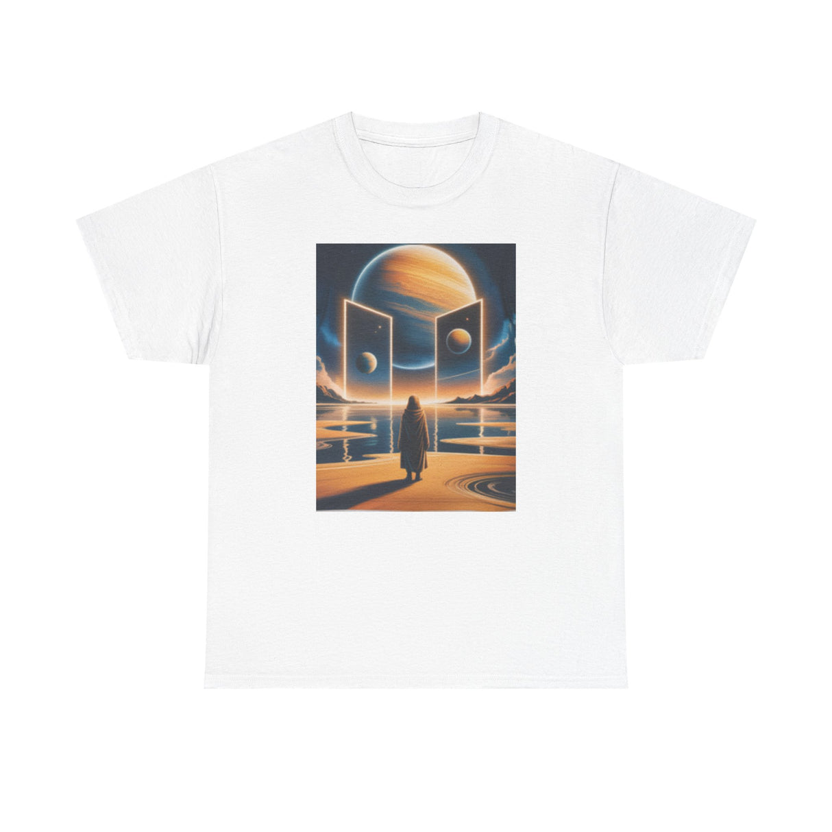 Close-up of the Cosmic Gateway T-Shirt showing the vibrantly printed artwork in warm oranges and deep blues.