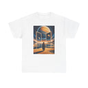 Close-up of the Cosmic Gateway T-Shirt showing the vibrantly printed artwork in warm oranges and deep blues.