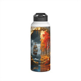 Lifestyle shot of the Autumn Voyage Stainless Steel Water Bottle in use during a hiking trip surrounded by autumn leaves.