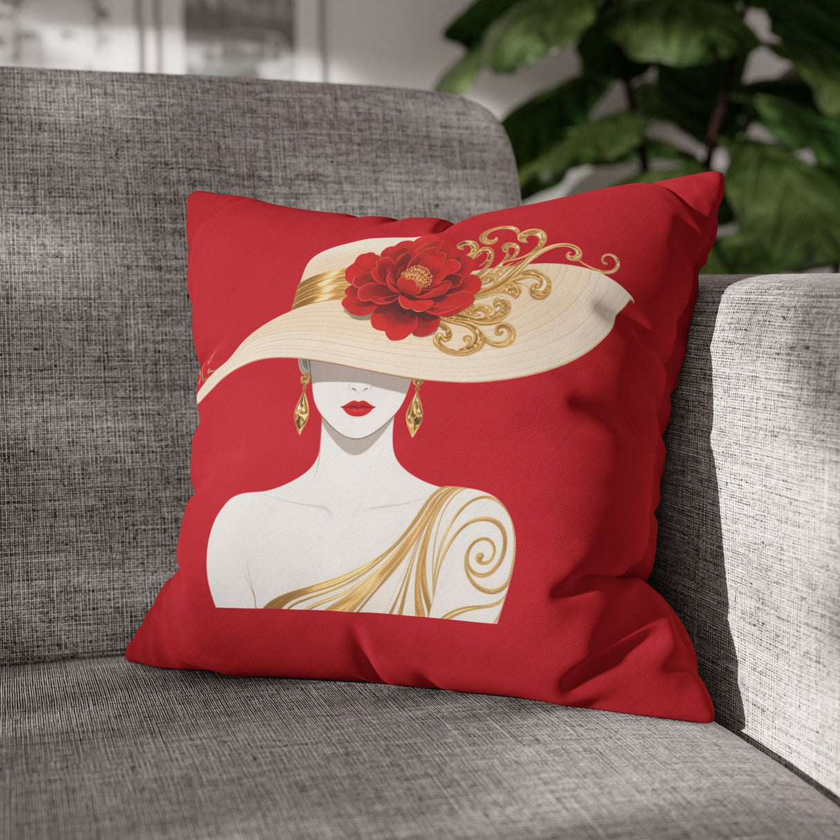 Glamorous Red Lady Pillowcase – Decorative Square Throw Pillow Cover with Elegant Hat Design  16" × 16"