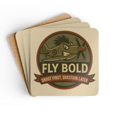 Complete Vintage Airplane Coaster Set - 'Fly Bold' Design displayed with coffee and decor elements, ideal for home or gifts.