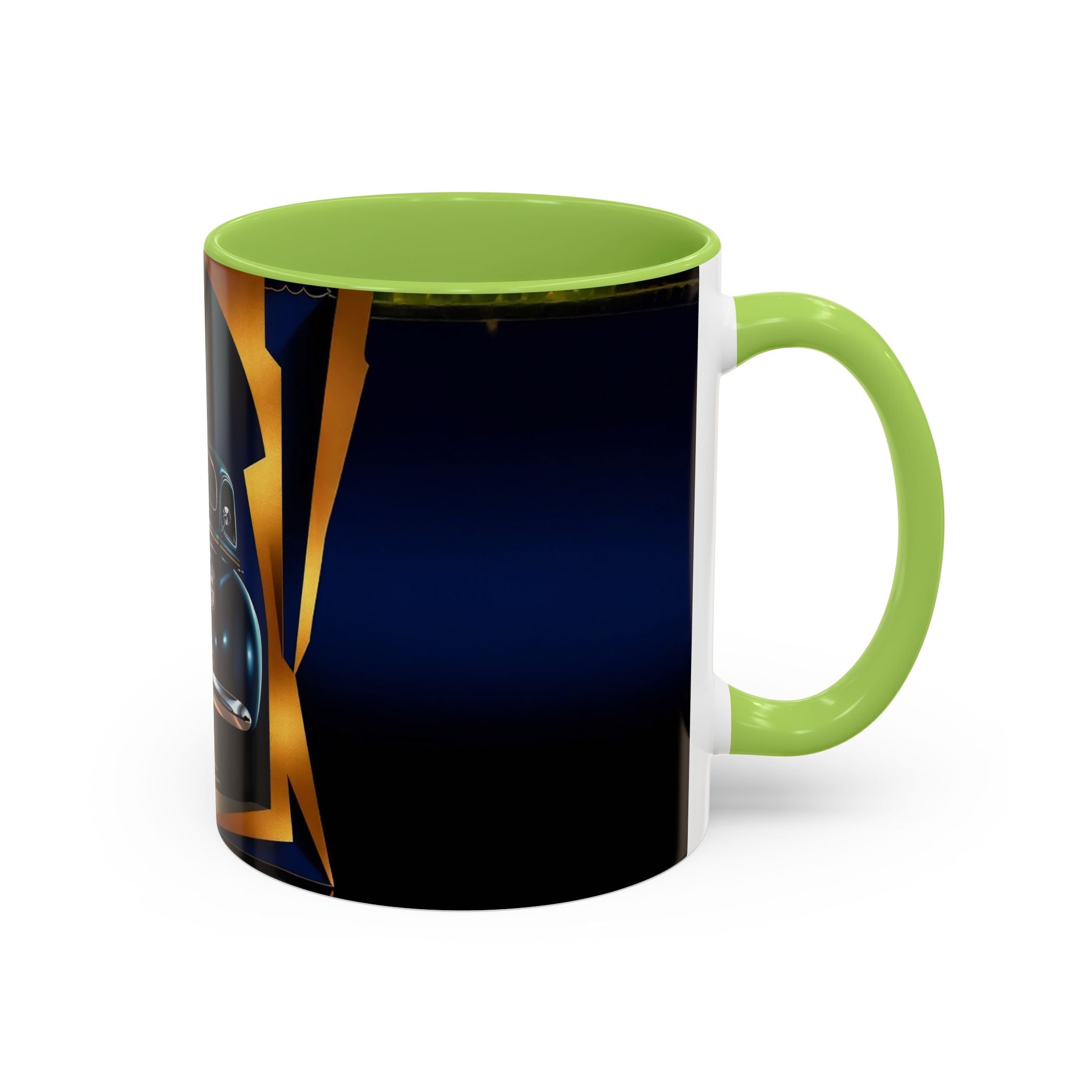 Vintage Pin-Up Coffee Mug - Classic Car Design displayed in a trendy coffee shop setting.