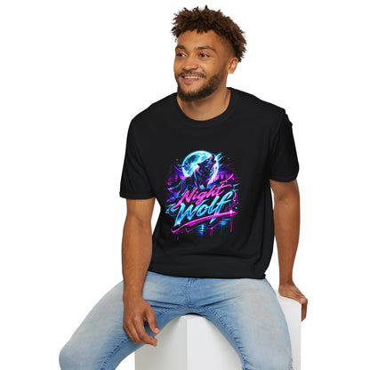 Night Wolf T-Shirt Retro Neon Wolf Graphic Tee Black