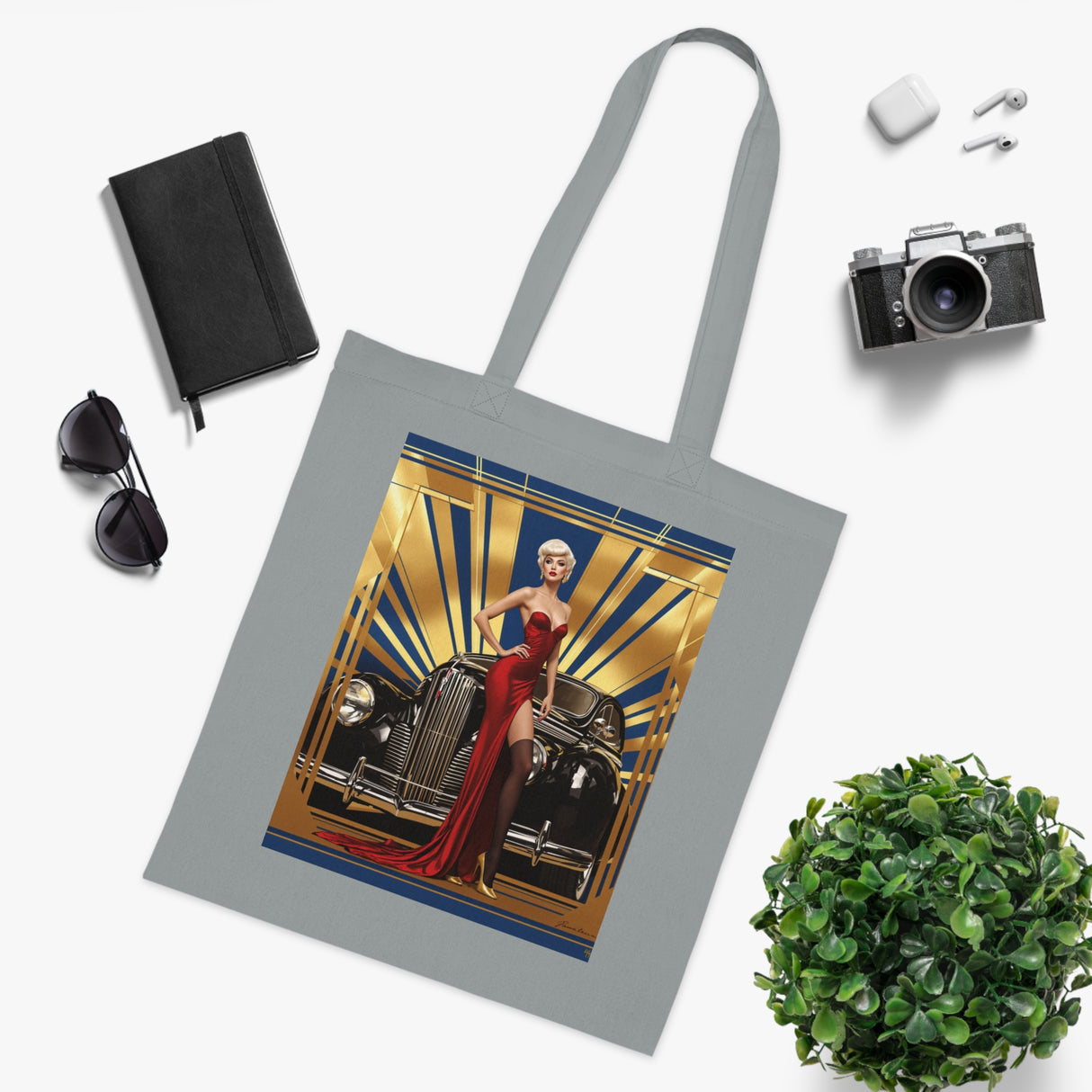 Vintage Glamour Cotton Tote Bag displaying flat corners for a sleek appearance.