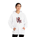 Close-up view of the Love Kiss Hoodie’s painterly 'LOVE' graphic, perfect for a cozy and intimate look.