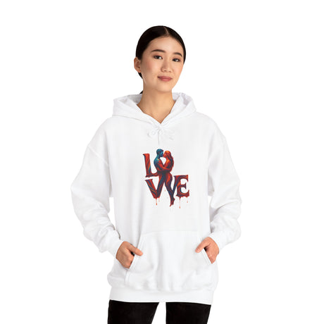 Close-up view of the Love Kiss Hoodie’s painterly 'LOVE' graphic, perfect for a cozy and intimate look.