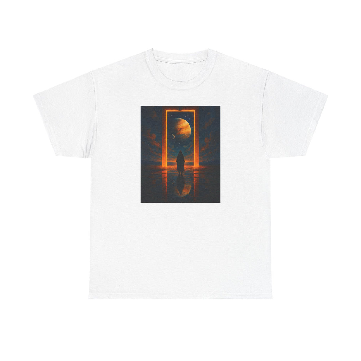 Surreal Portal Moon Tee featuring an artistic representation of a tranquil cosmic scene.