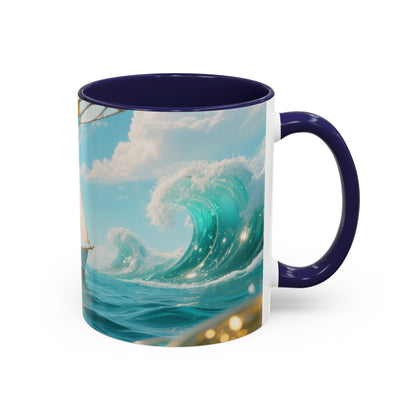 Sailboat Ocean Waves Accent Coffee Mug — Nautical Sea Morning Tea Cup US