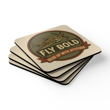 Vintage Airplane Cork Coaster Set - 'Fly Bold' Design with textured cork backing and glossy top.