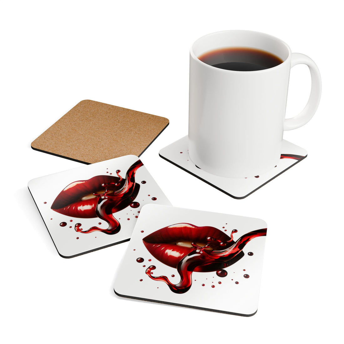 Close-up of Cork Coaster Set — vibrant red wine lips splash, ideal for parties and gatherings.