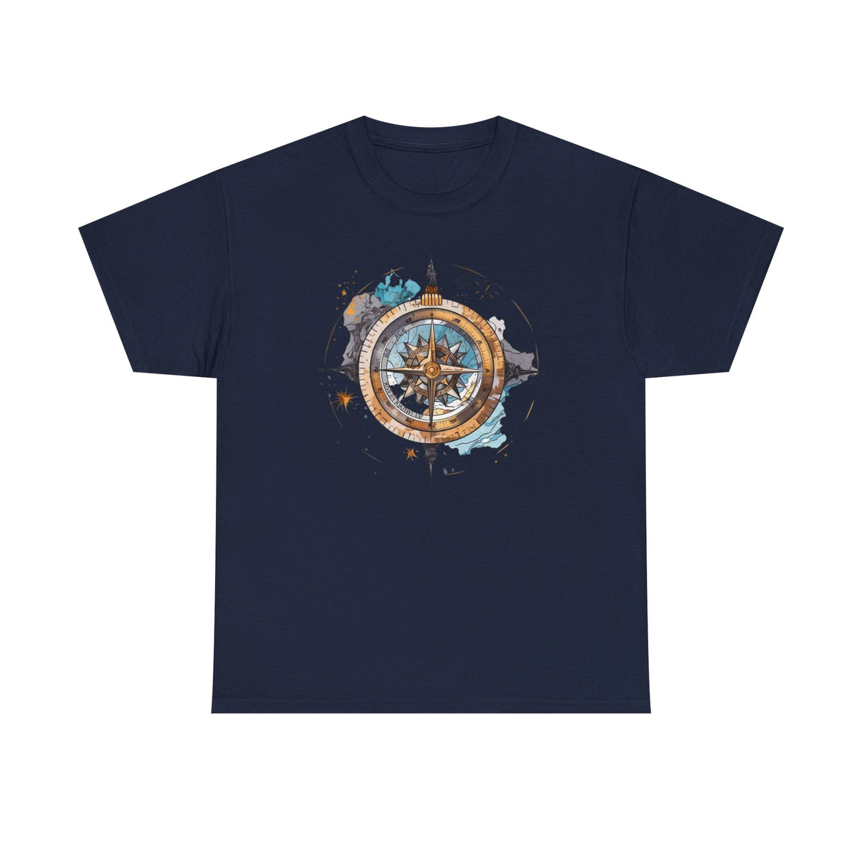 Compass Rose T-Shirt draped over a chair, showcasing its medium-weight cotton feel — Vintage Nautical Adventure Graphic Tee