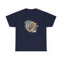 Compass Rose T-Shirt draped over a chair, showcasing its medium-weight cotton feel — Vintage Nautical Adventure Graphic Tee