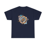 Compass Rose T-Shirt draped over a chair, showcasing its medium-weight cotton feel — Vintage Nautical Adventure Graphic Tee