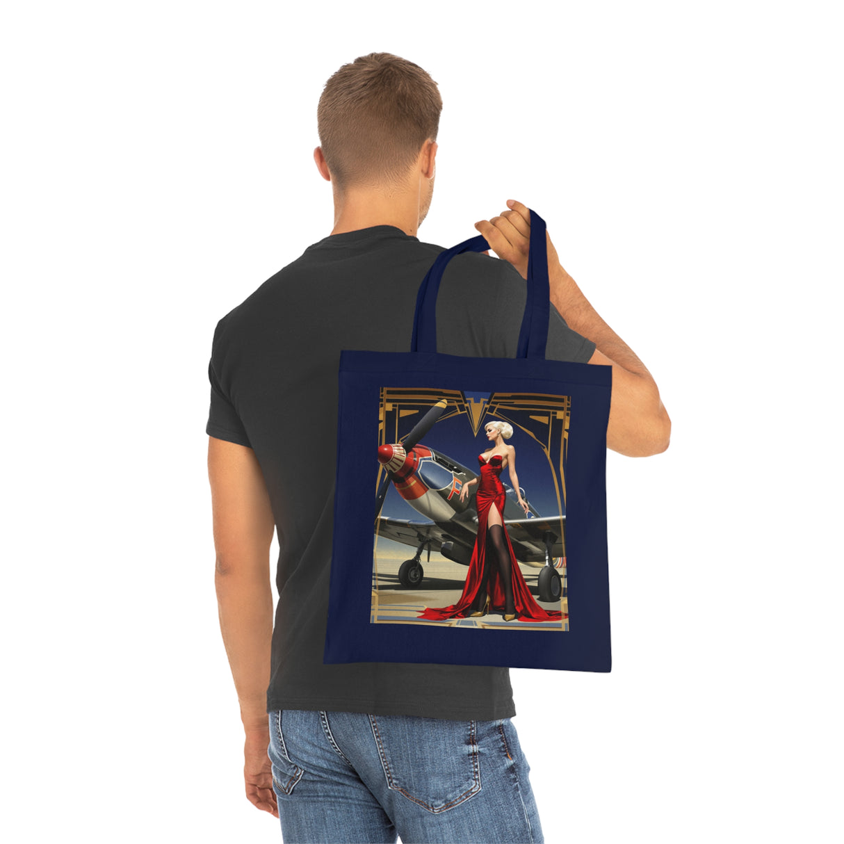 A lifestyle shot featuring the Vintage Pin-Up Plane Tote — Red Dress Aviation Cotton Tote Bag, portraying its everyday use and chic aesthetic.