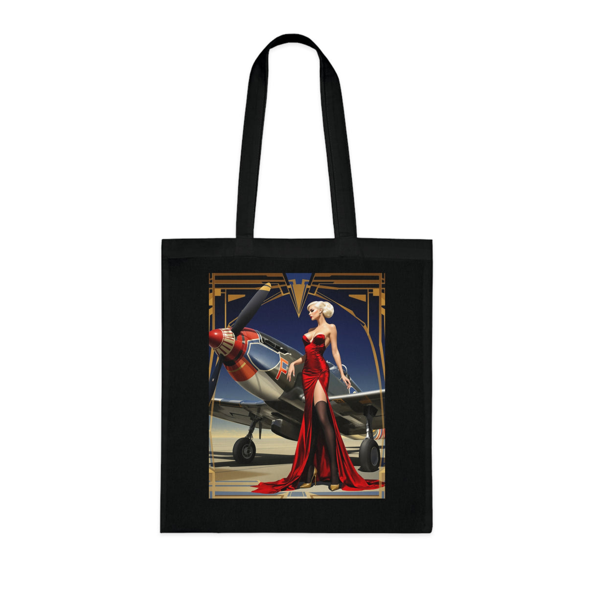 The Vintage Pin-Up Plane Tote — Red Dress Aviation Cotton Tote Bag displayed on a table, highlighting its double-sided design.