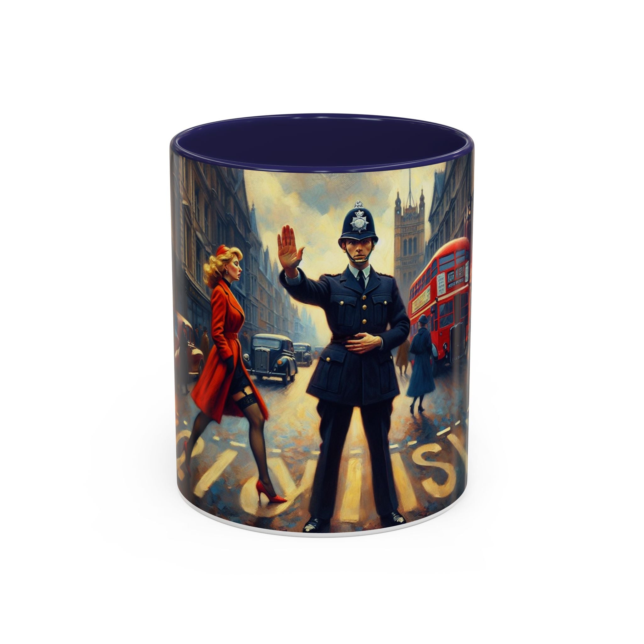 Close-up of Vintage-Inspired Cityscape Accent Coffee Mug - 11oz &amp; 15oz with glossy finish.