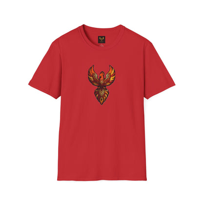 Phoenix Tribal Graphic T-Shirt Fiery Bird Design Tee in urban setting, featuring a vibrant phoenix design  red front