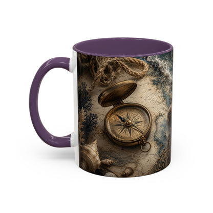 Nautical Compass Accent Coffee Mug – Vintage Sea Shells &amp; Compass Travel Design (11oz)