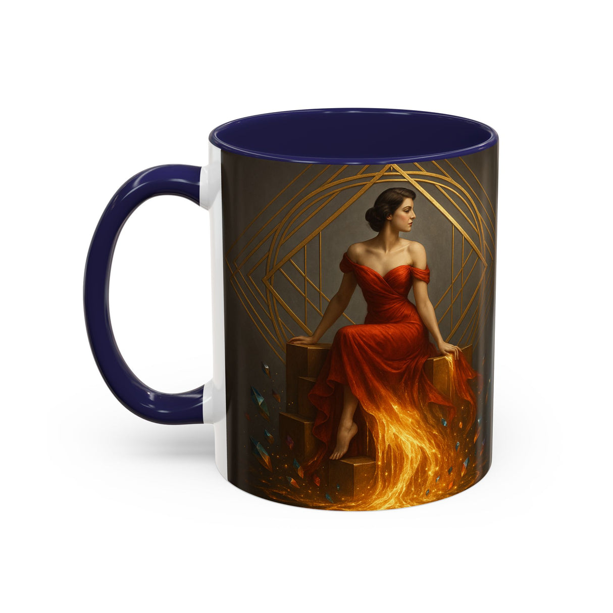 Fiery Goddess Accent Coffee Mug resting against a creative workspace, perfect for artists.