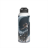 The matte, grainy finish of the Sunset Cove Stainless Steel Water Bottle highlighting its painterly coastal scene design.