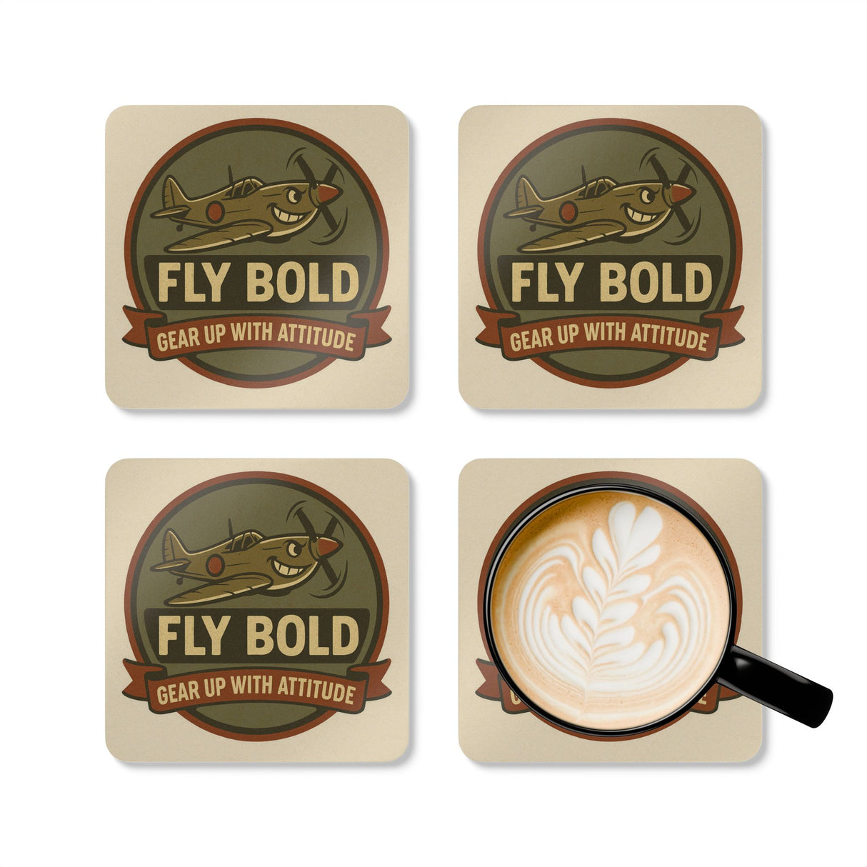 Vintage Airplane Cork Coaster Set - 'Fly Bold' Design displayed with drinks on a coffee table.