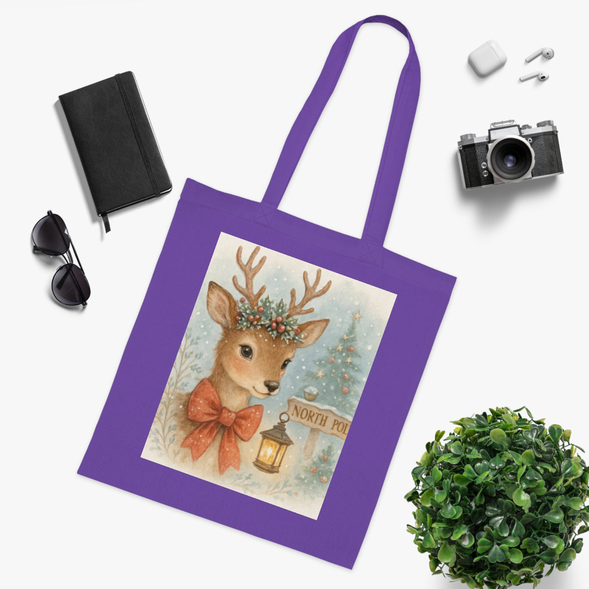 Christmas Reindeer Tote Bag in front of a warm fireplace, perfect for cozy winter scenes.