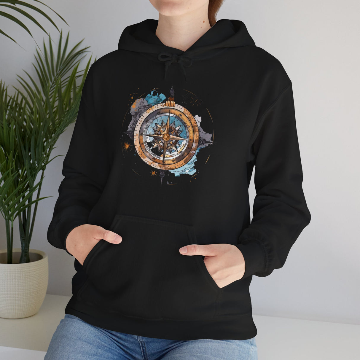 Artistic view of the Compass Rose Hoodie, celebrating wanderlust and adventure.