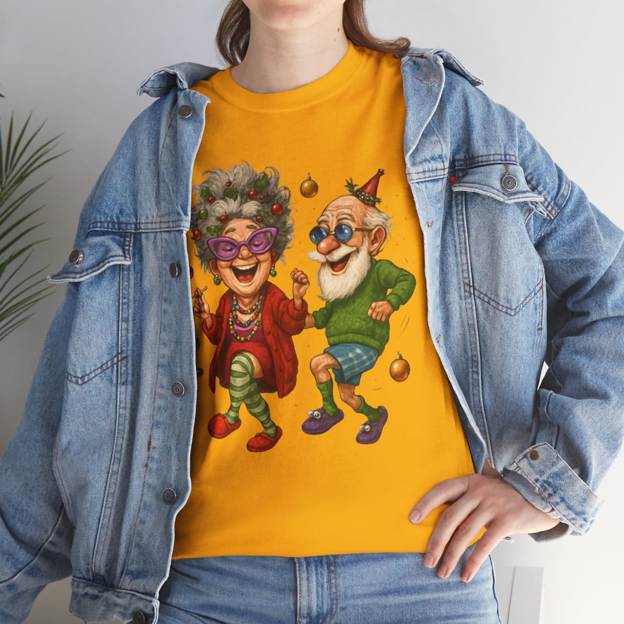 Casual wear Dancing Seniors Illustration T‑Shirt with a fun and playful elderly couple graphic.