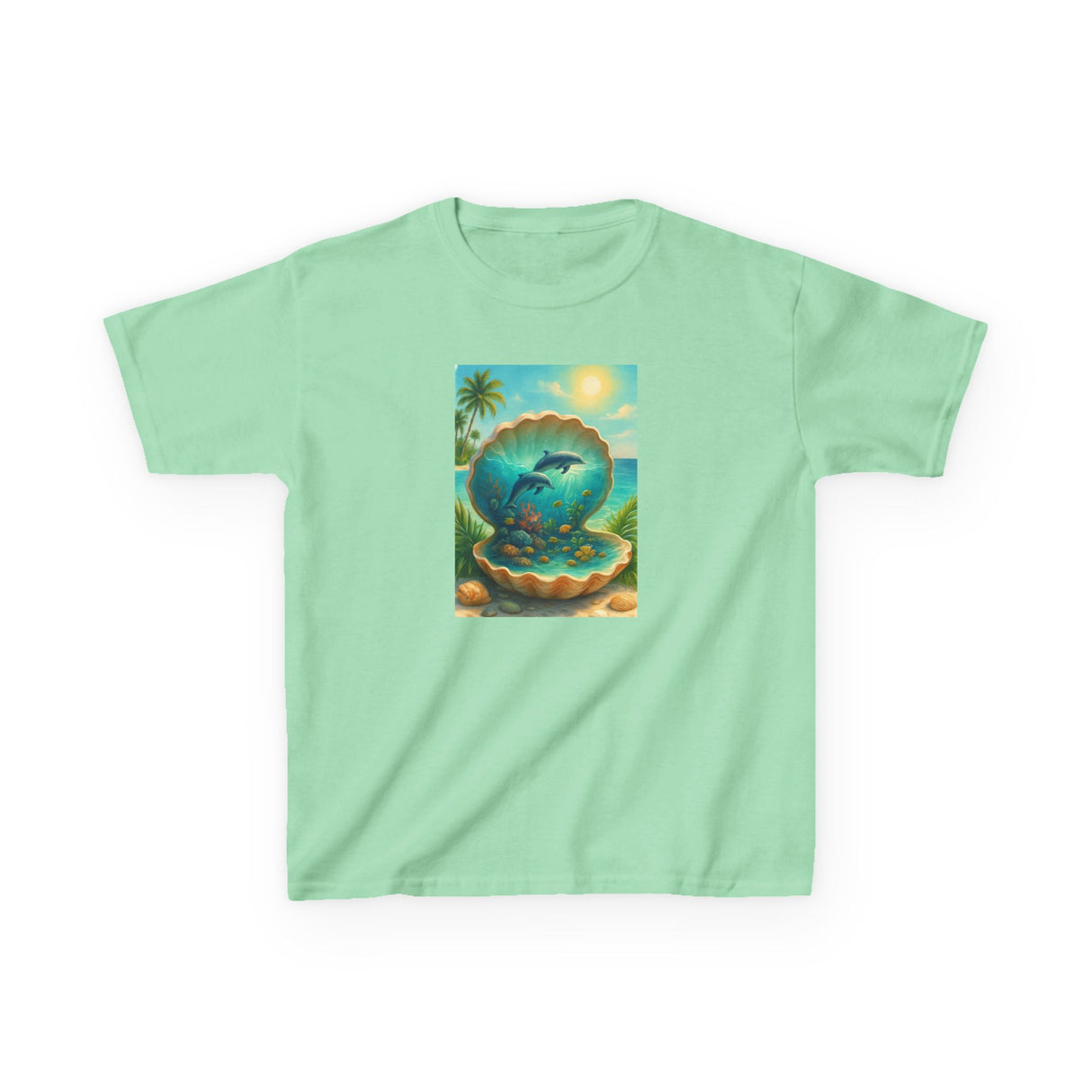 Kids Tee — Ocean Pearl Dolphin Shell Beach Graphic being worn by a child, highlighting its playful graphics.