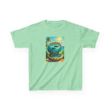 Kids Tee — Ocean Pearl Dolphin Shell Beach Graphic being worn by a child, highlighting its playful graphics.