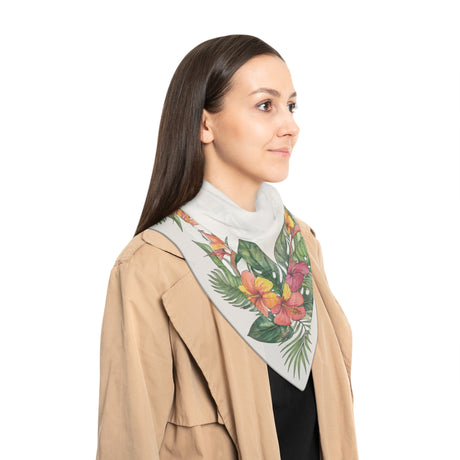 Tropical Floral Wreath Square Scarf - Lightweight Polyester with Vibrant Colors, draped elegantly, highlighting the airy fabric and stitched edges.