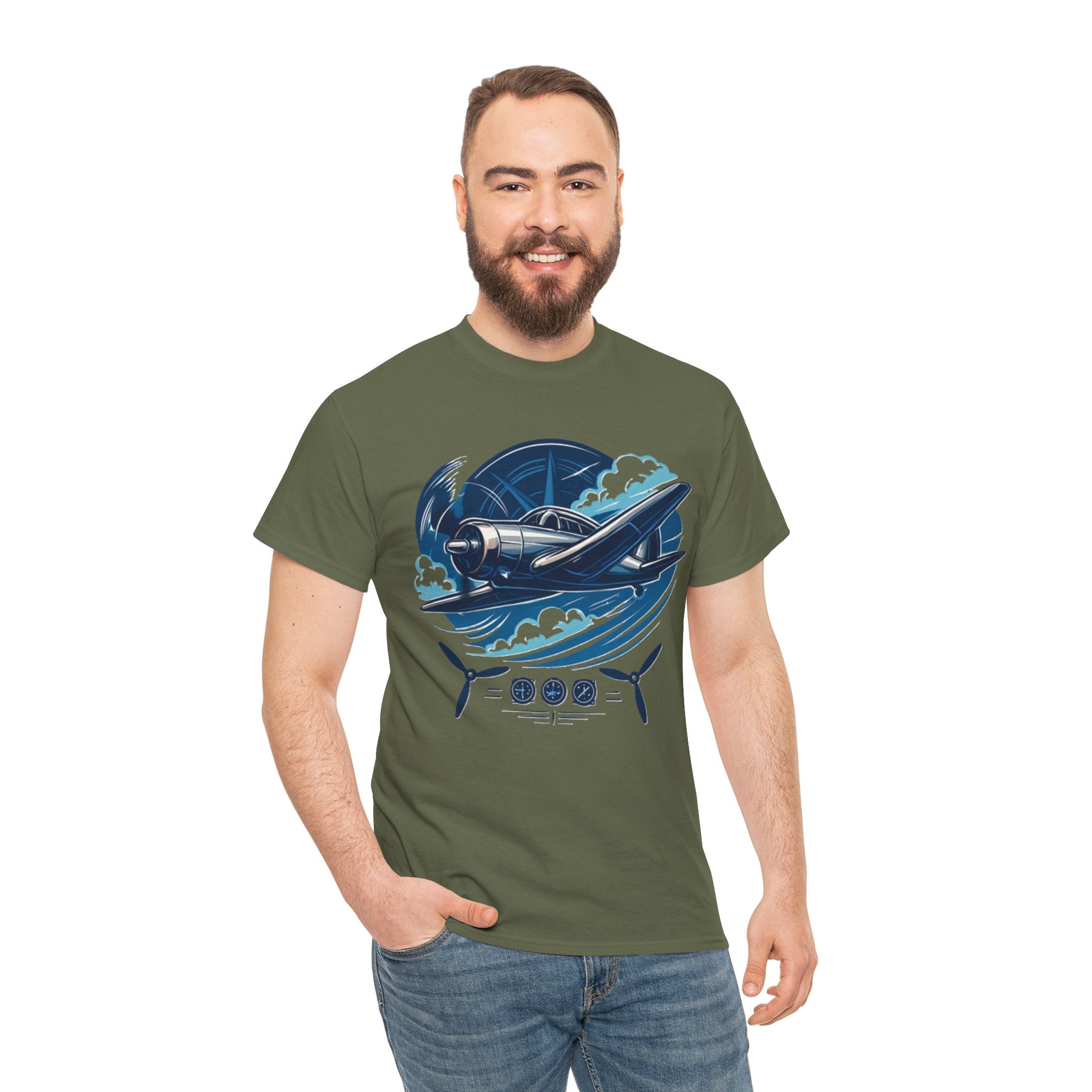 Vintage Propeller Plane T-Shirt alongside a pair of aviator sunglasses, perfect for aviation fashion.
