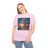 Wearing the Romantic Moonlit Couple T-Shirt — Sunset Fantasy Illustration Tee for a cozy evening at home, highlighting its softness.