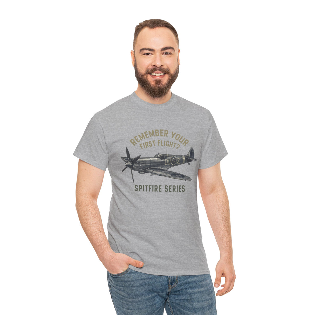 Creative presentation of the Spitfire Series 'Remember Your First Flight' Tee alongside vintage propellers.