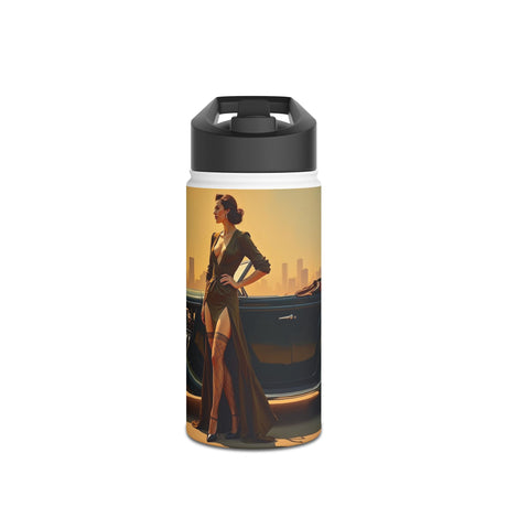 Vintage Glam Stainless Steel Water Bottle featuring retro car and chic woman design, perfect accessory for stylish hydration.