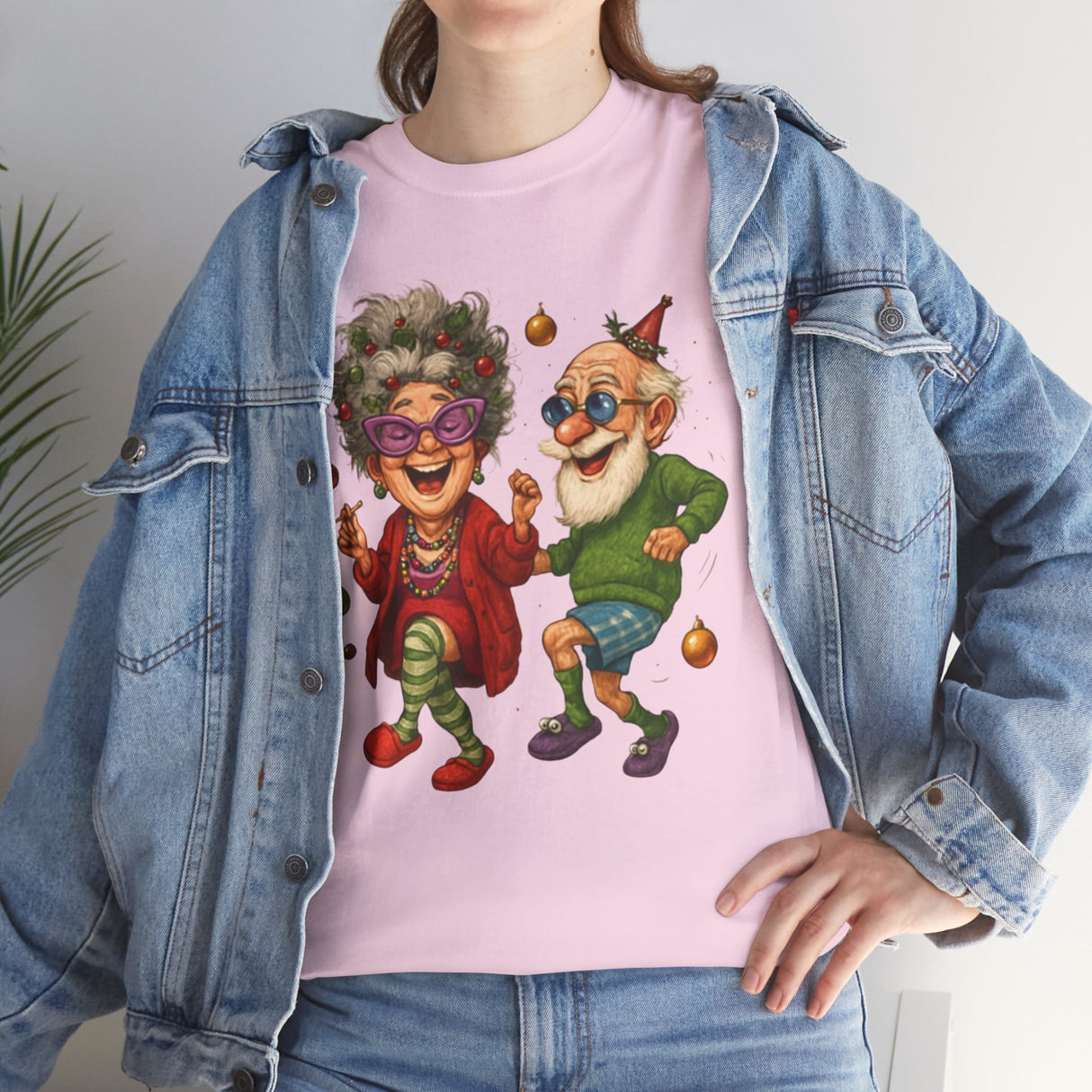 Dancing Seniors Illustration T‑Shirt features whimsical design depicting a cute elderly couple.