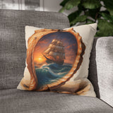 Nautical Seashell Pillowcase featuring a vintage sailing ship at sunset, ideal for coastal decor.