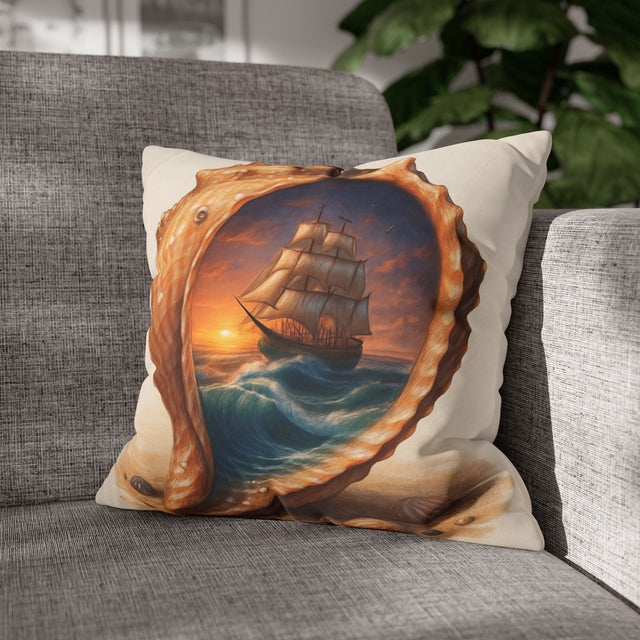 Nautical Seashell Pillowcase featuring a vintage sailing ship at sunset, ideal for coastal decor.