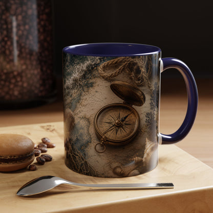 Nautical Compass Accent Coffee Mug – Vintage Sea Shells &amp; Compass Travel Design (11oz)