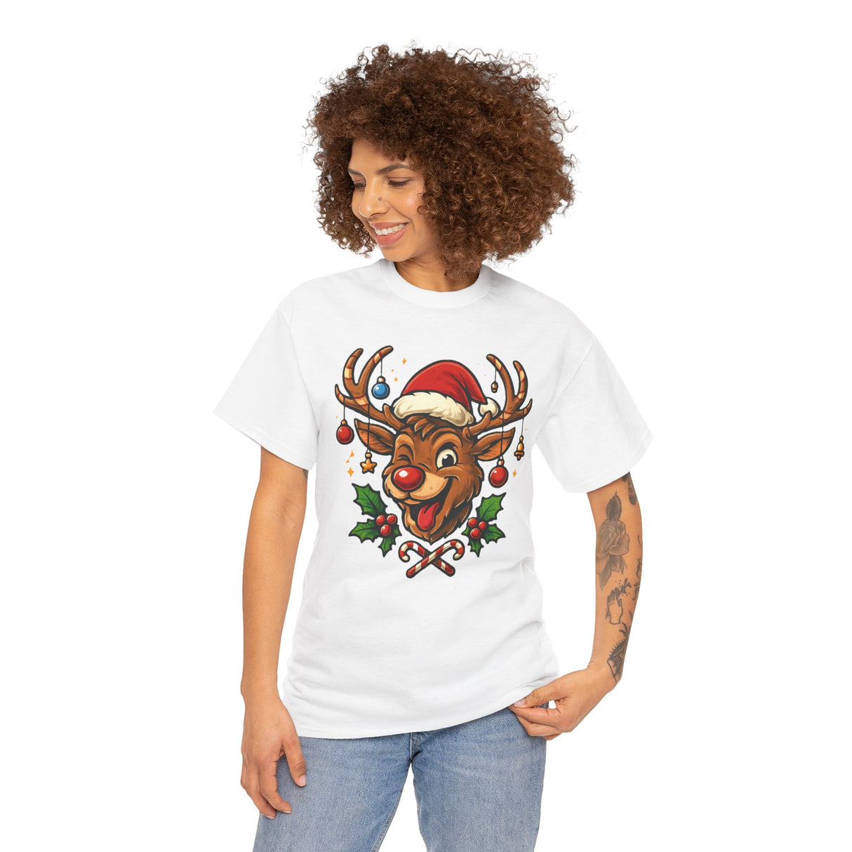 Close-up of the Christmas Reindeer Tee's soft fabric showcasing the quality and holiday-themed print.
