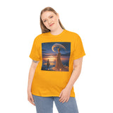 Romantic Moonlit Couple T-Shirt — Sunset Fantasy Illustration Tee in varied sizes to fit different body types comfortably.