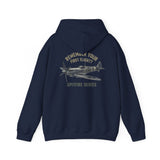 Back view of the Spitfire Series Hoodie showing the 'Remember Your First Flight?' slogan alongside the vintage airplane illustration.