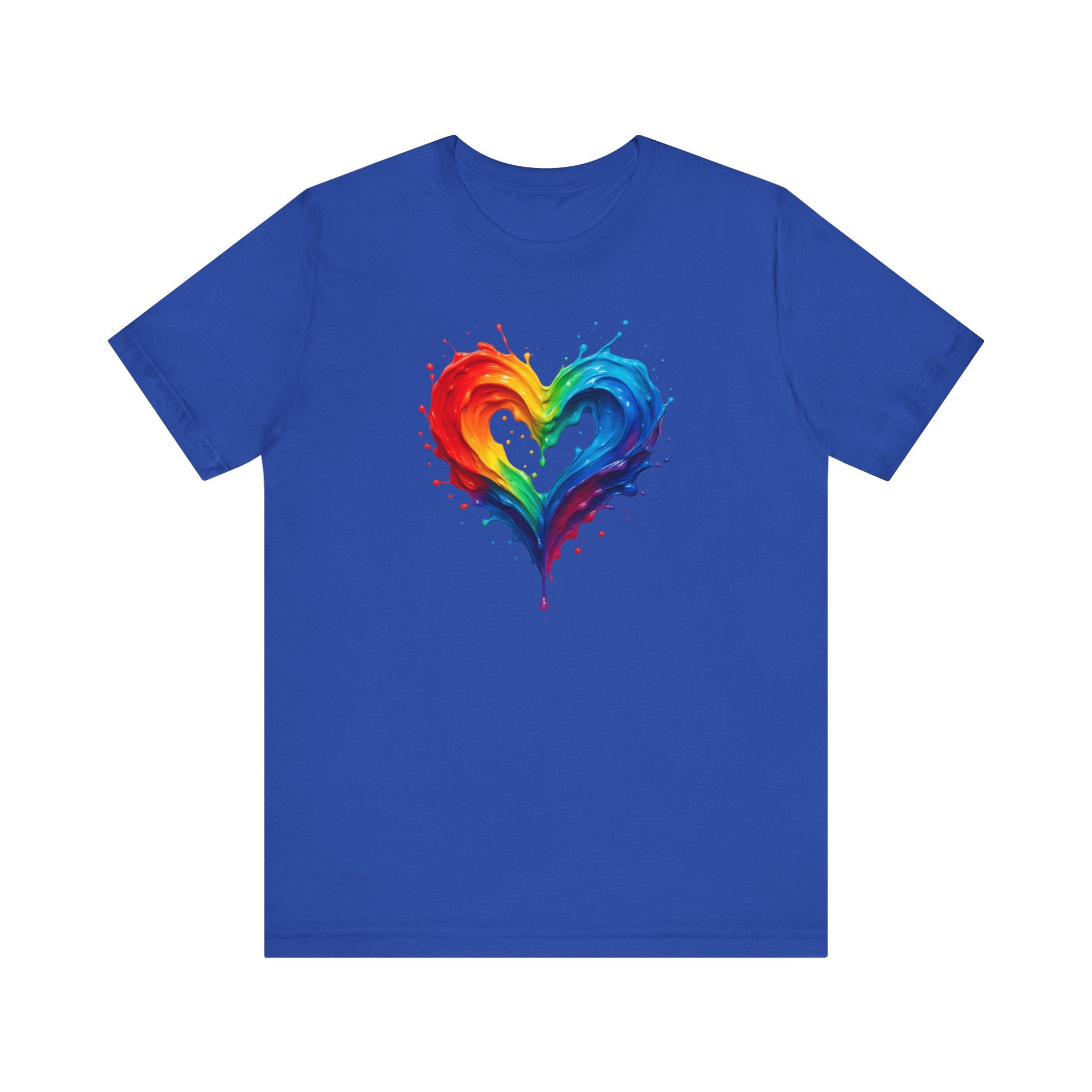 Rainbow Heart Ladies Shirt Jersey Short Sleeve Tee - Side view showcasing shape retention and durability.