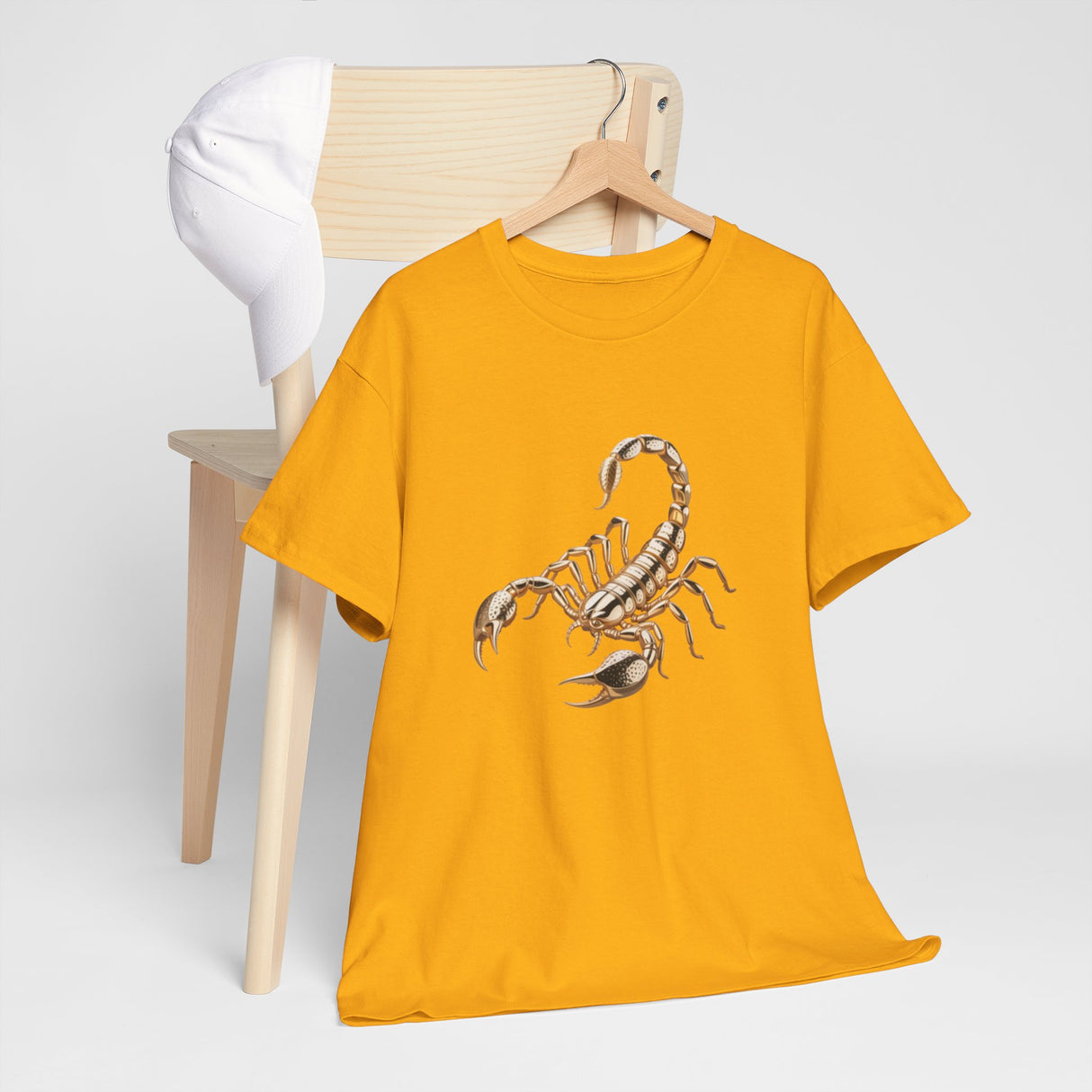 Fashionable angle of the Scorpion Graphic Tee — Desert Scorpion Illustration T-Shirt against street art.