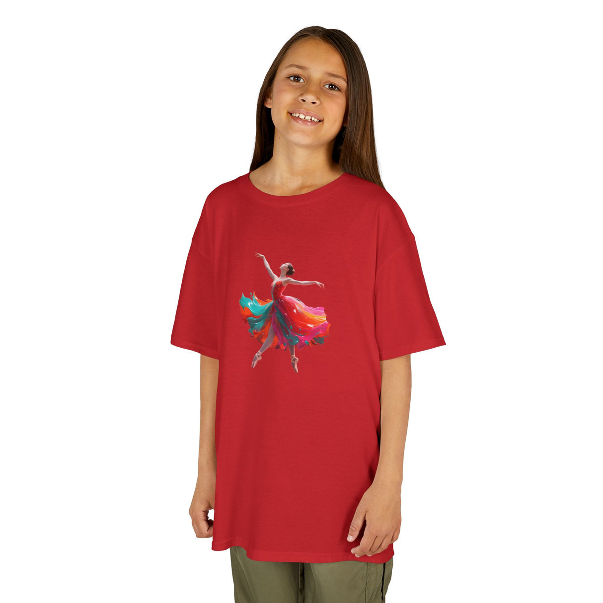 Kids Dance T-Shirt — Colorful Ballerina Graphic Tee featuring durable ribbed collar and no side seams.