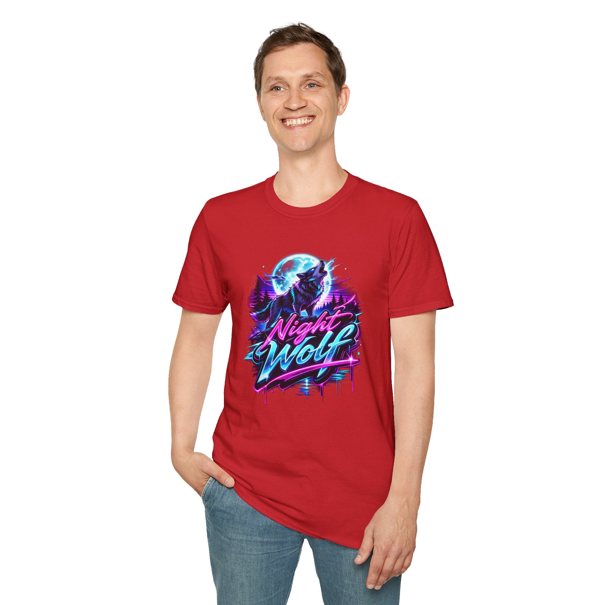 Night Wolf T-Shirt Retro Neon Wolf Graphic Tee red front