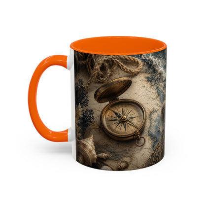 Nautical Compass Accent Coffee Mug – Vintage Sea Shells &amp; Compass Travel Design (11oz)