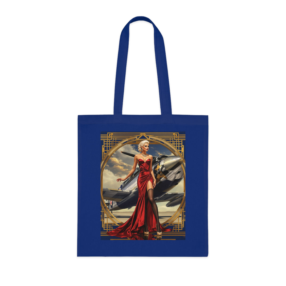 Woman stylishly carrying the Vintage Pinup Tote Bag, showcasing its practical use and unique retro glamour design.