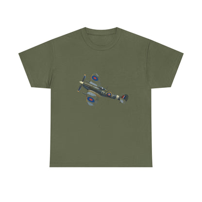 Model wearing vintage WWII Spitfire Fighter Plane T-Shirt paired with denim jeans