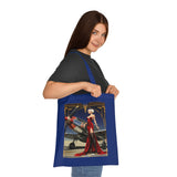 The vibrant artwork on the Vintage Pin-Up Plane Tote — Red Dress Aviation Cotton Tote Bag displayed prominently against a sleek backdrop.
